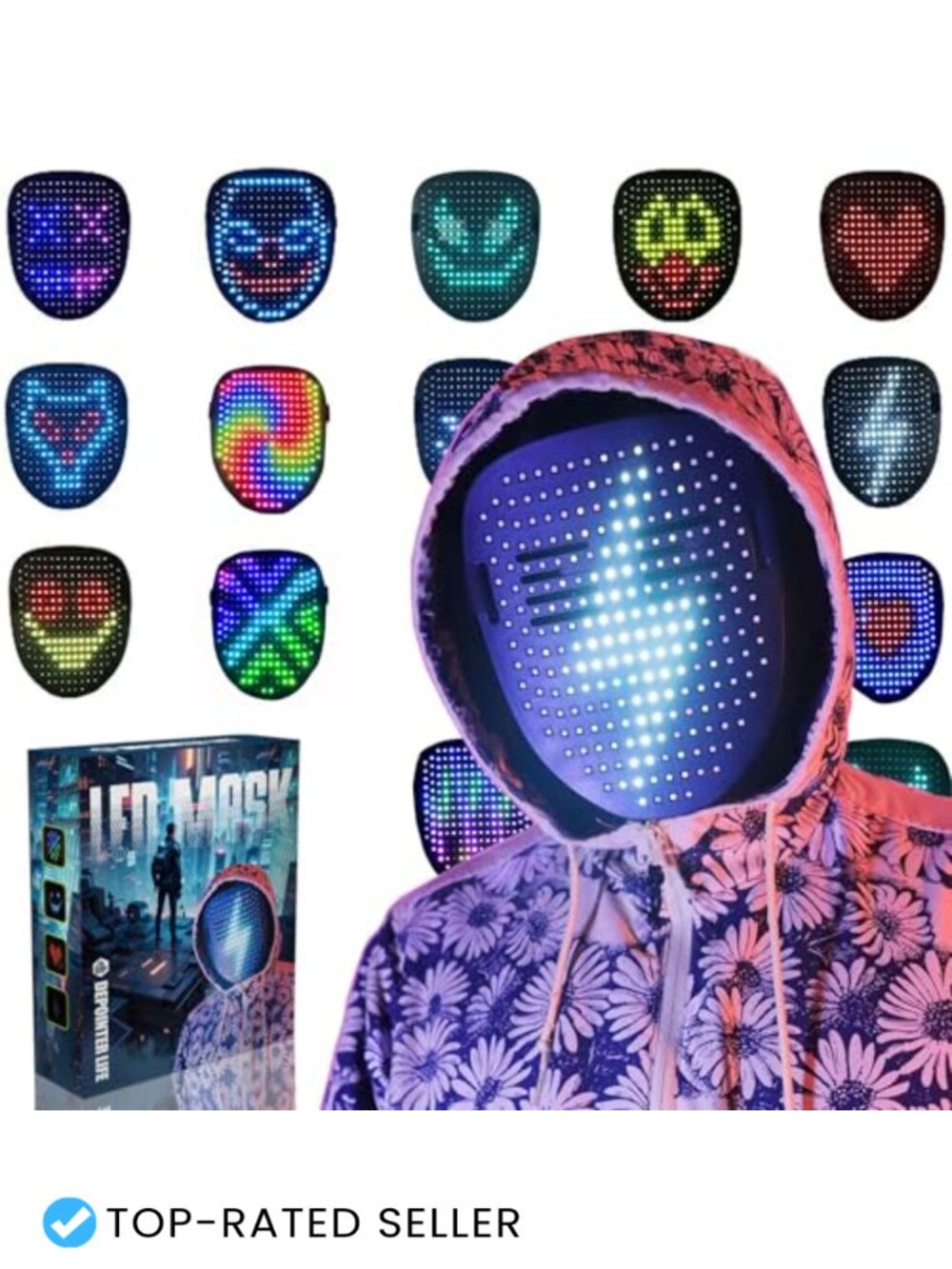 LED Mask Light Up Face Transforming Gesture Sensing Rechargeable